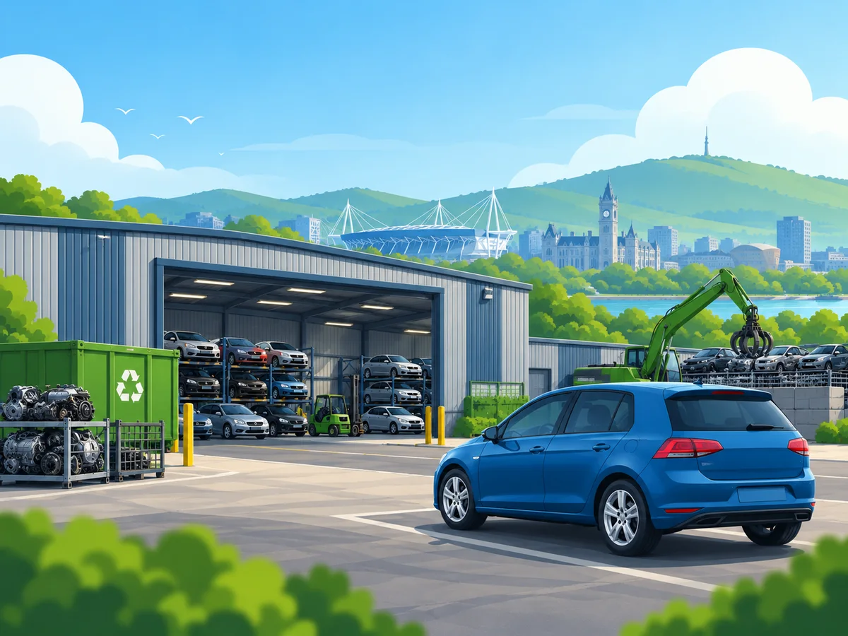 Illustration of a vehicle recycling yard in South Wales
