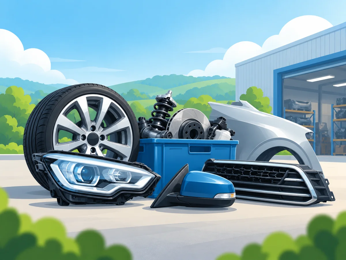 Illustration of used vehicle parts including a wheel and body components