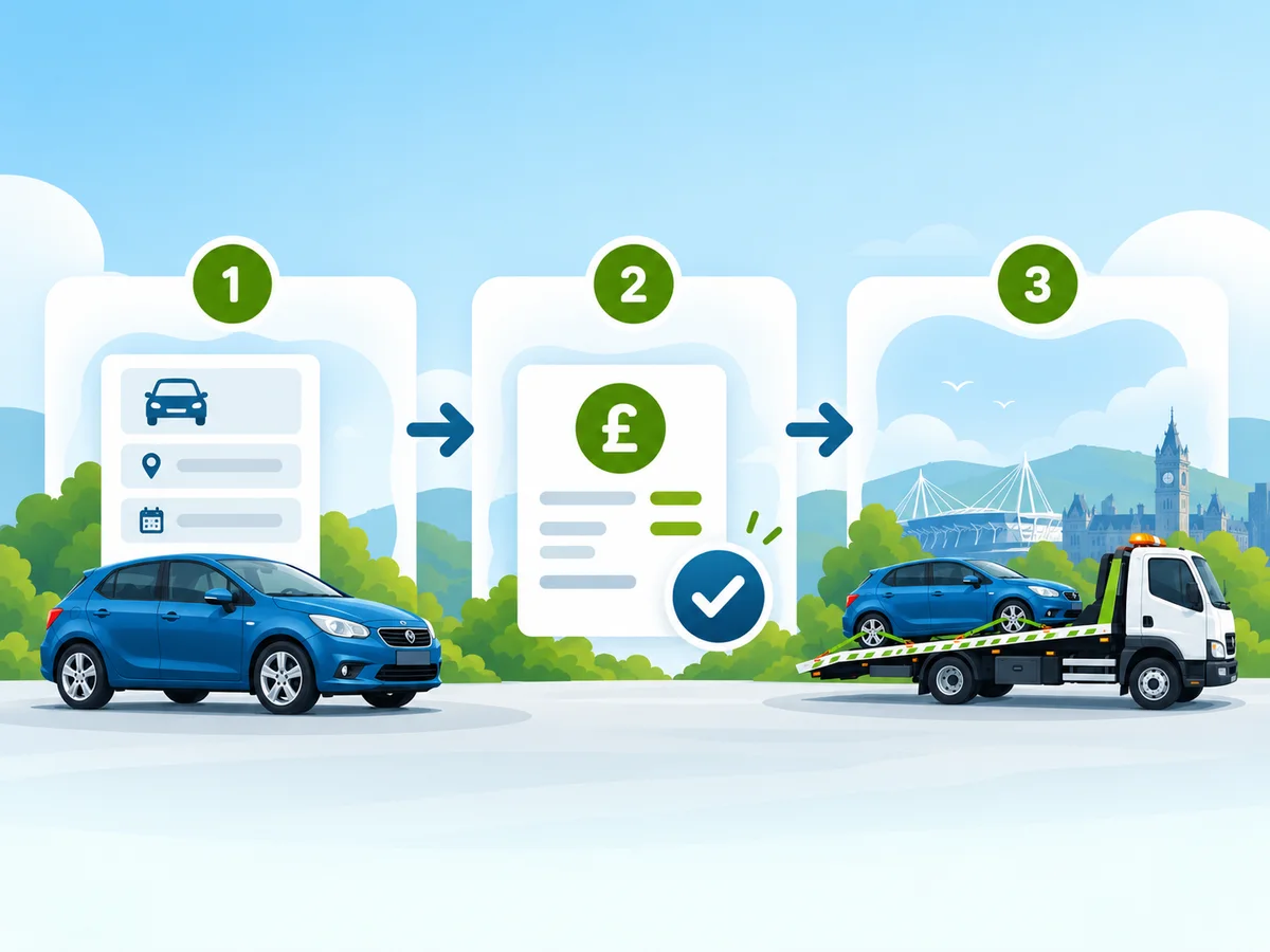 Illustration showing vehicle details, quotation and collection steps