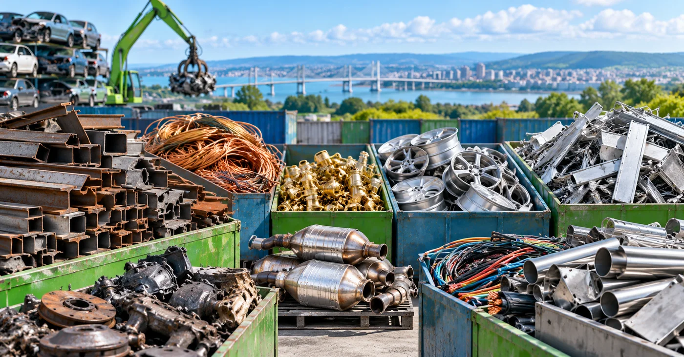 Sorted scrap metals including steel, copper, brass and aluminium at a recycling yard